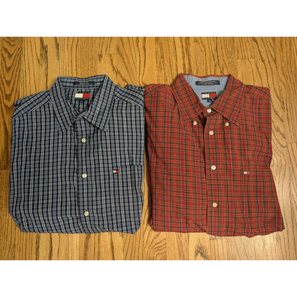 Lot of 2 Vintage 90s Tommy Hilfiger Men's XL Long Sleeve Plaid Shirts Red Blue